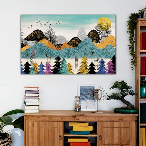 Canvas Painting - Mountains and Deer Art