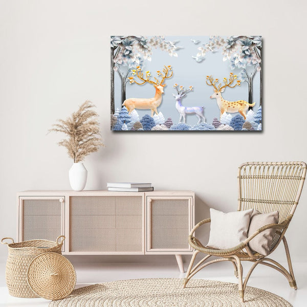Canvas Painting - Three 3D Deers Small Trees