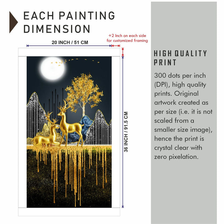 20x36 Canvas Painting - 3D Golden Deer and Tree Portrait