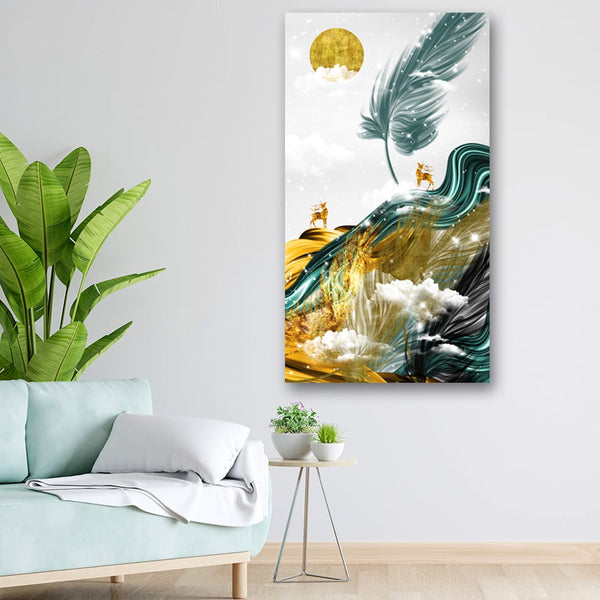20x36 Canvas Painting - Golden Deer Sun Big Feather Portrait