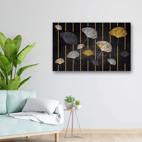 32x20 Canvas Painting - Gold Silver Black Metallic Big Leaves