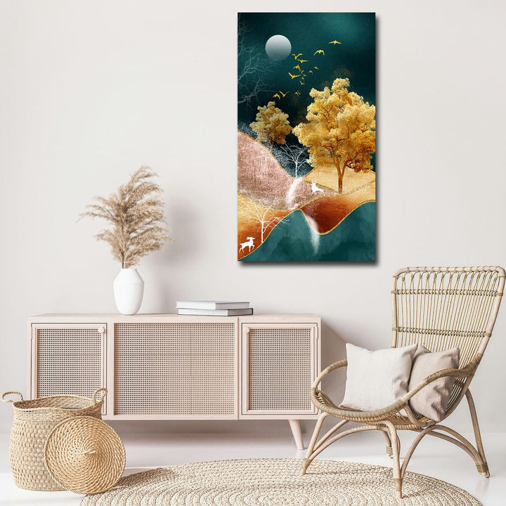 20x36 Canvas Painting - Golden Bird Flying Yellow Trees