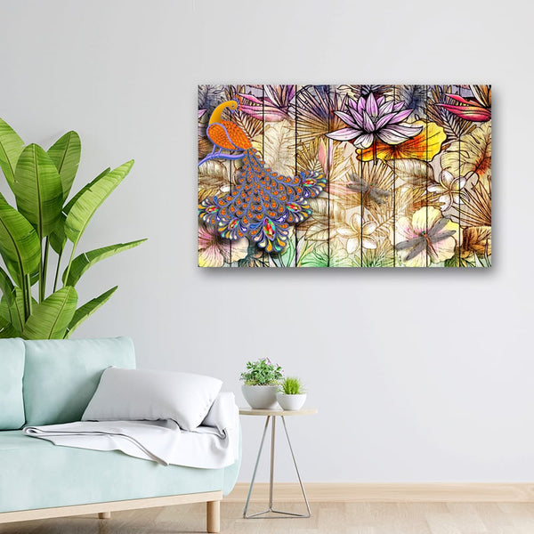 32x20 Canvas Painting - Peacock Floral on Wooden Design