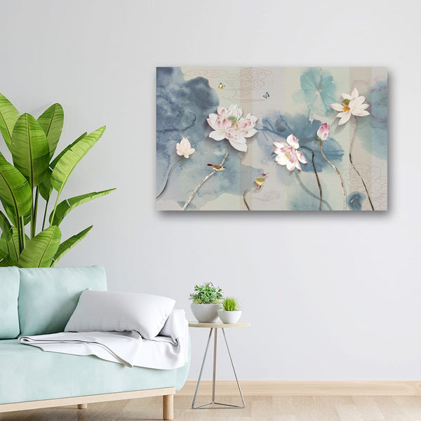 32x20 Canvas Painting - Pink Flowers Birds Butterfly