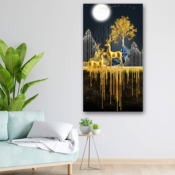20x36 Canvas Painting - 3D Golden Deer and Tree Portrait