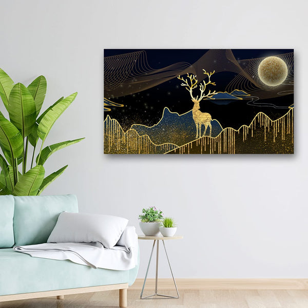 36x20 Canvas Painting - Golden Deer Line Art
