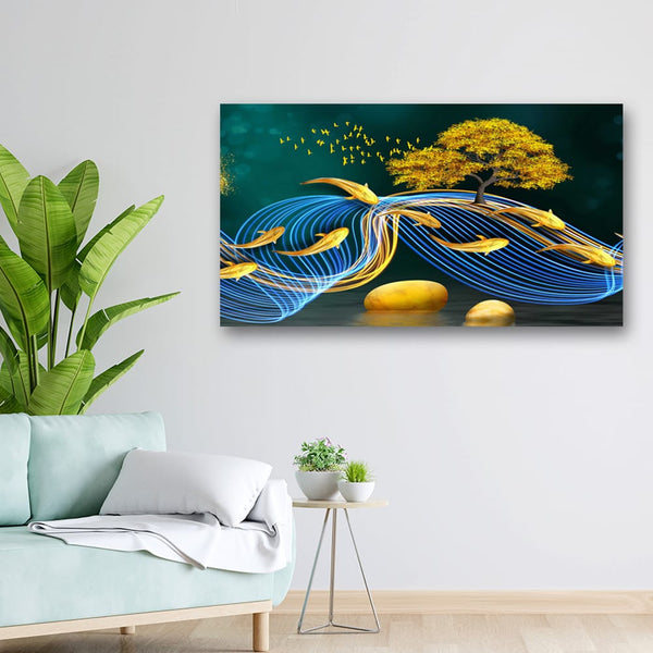36x20 Canvas Painting - Fish 3D Blue Wave