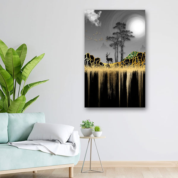 20x32 Canvas Painting - Black Deer on Black Golden Mountains