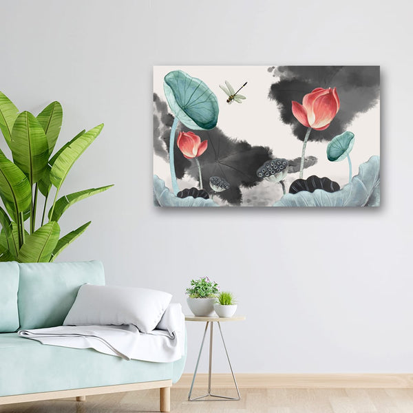 32x20 Canvas Painting - Red Green Floral Black Feather
