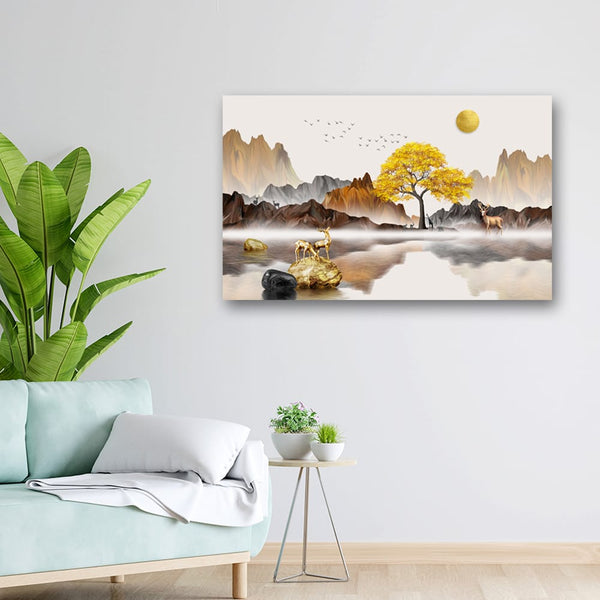 32x20 Canvas Painting - Golden Sun and Deers