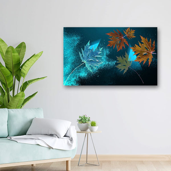 32x20 Canvas Painting - Blue Leaf Art