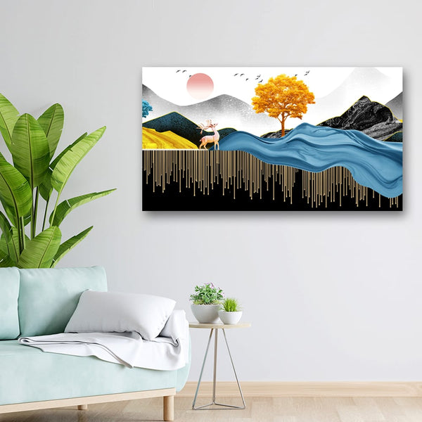 36x20 Canvas Painting - Yellow Tree Blue Wave