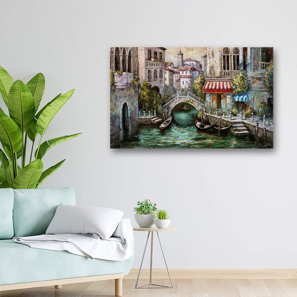 32x20 Canvas Painting - Historic View of River Boats and Architecture