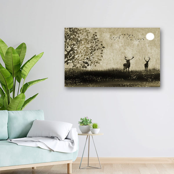 32x20 Canvas Painting - Two Deer and Moon Brownish Art