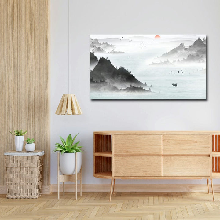 36x20 Canvas Painting - Black and White Mountains Sketch