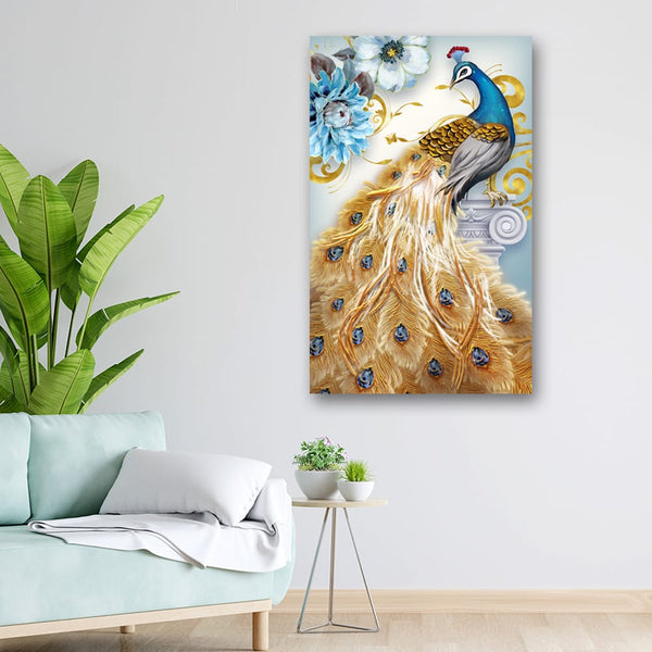 20x32 Canvas Painting - Golden Feather Peacock Portrait