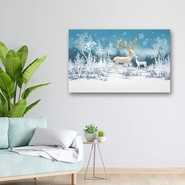 32x20 Canvas Painting - Golden Horns Deer on White Snow
