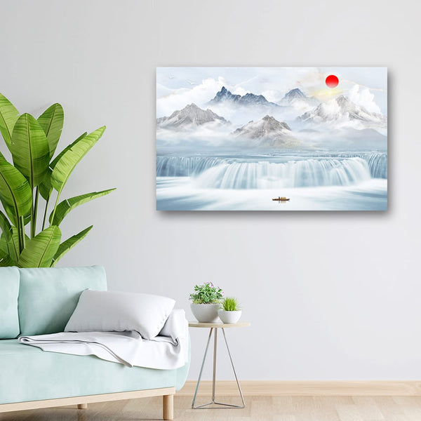 32x20 Canvas Painting - Red Sun White Waterfall