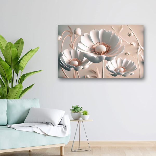 32x20 Canvas Painting - White Big 3D Flowers