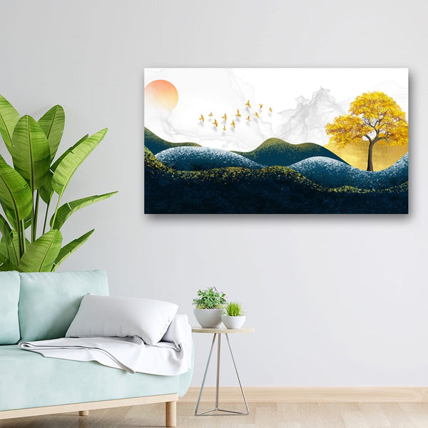 36x20 Canvas Painting - Green Blueish Mountains Golden Tree