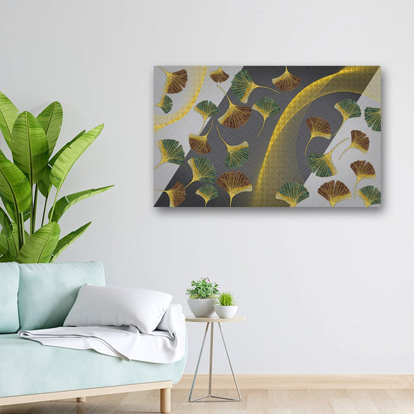 32x20 Canvas Painting - Green Golden Brown Leaf on Grey Black Back