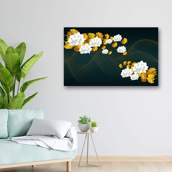 32x20 Canvas Painting - White Yellow Floral on Green