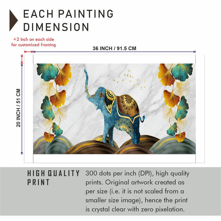 36x20 Canvas Painting - Elephant Golden Green Leaf Art