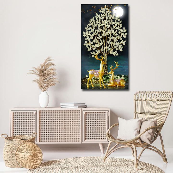 20x36 Canvas Painting - Deer 3D White Moon Small Leaves