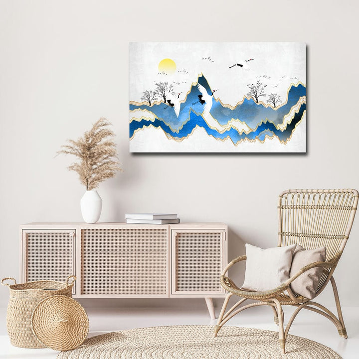 32x20 Canvas Painting - Birds Flying Blue Mountains