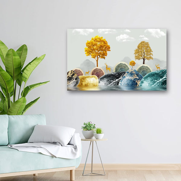 32x20 Canvas Painting - Golden Trees and Deers