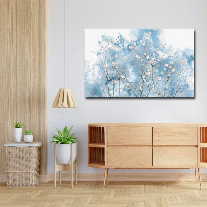 32x20 Canvas Painting - Blue White Blossom Art