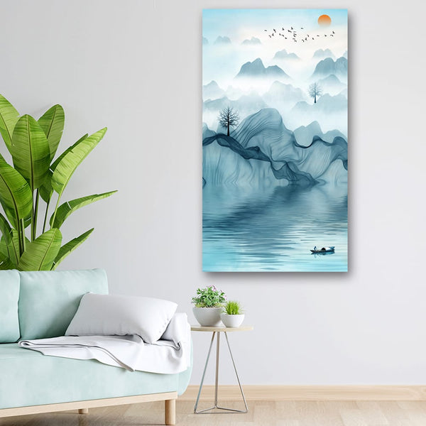 20x36 Canvas Painting - Blue Boat Birds Flying
