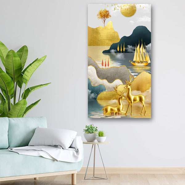 20x36 Canvas Painting - Golden Ship and 3D Deers Portrait