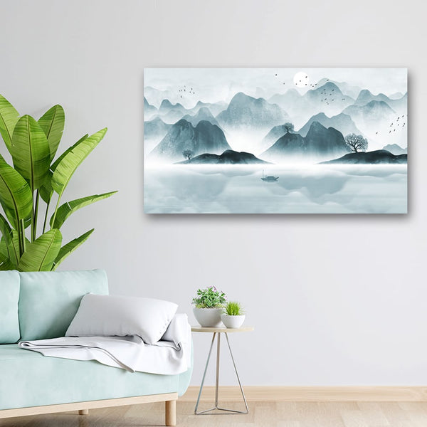 36x20 Canvas Painting - Blue Shaded Mountains Sketch