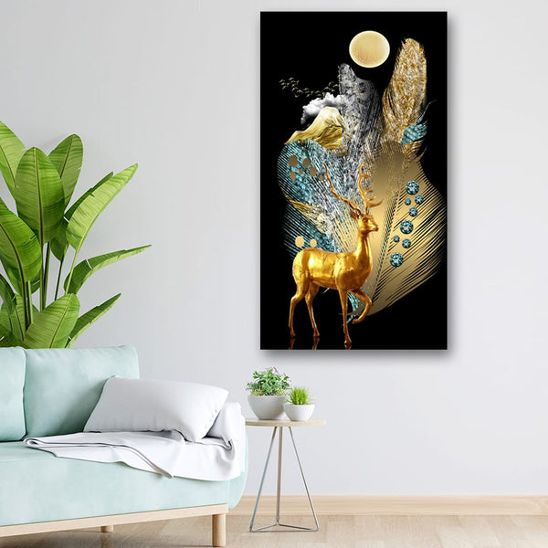 20x36 Canvas Painting - Golden Deer Golden Feather Portrait