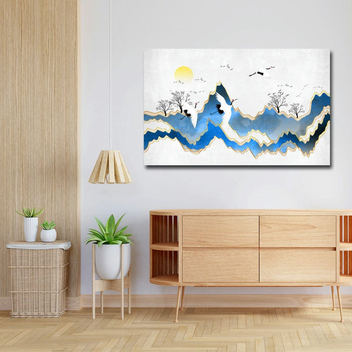 32x20 Canvas Painting - Birds Flying Blue Mountains