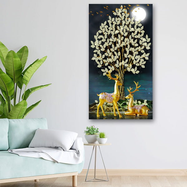 20x36 Canvas Painting - Deer 3D White Moon Small Leaves
