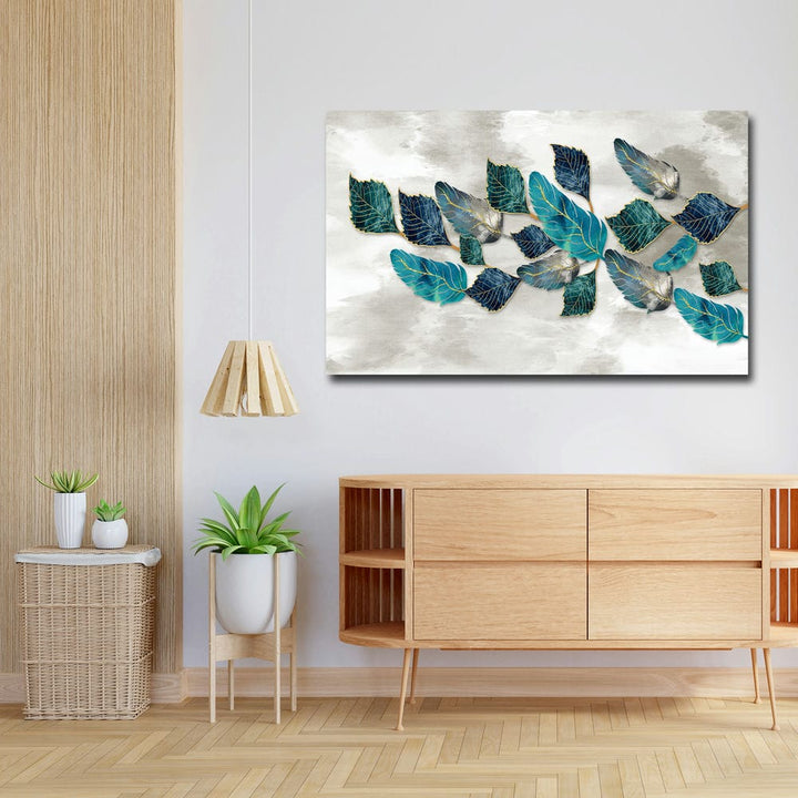 32x20 Canvas Painting - Blueish Golden Leaves
