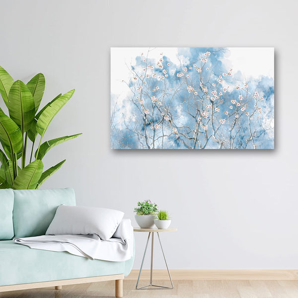 32x20 Canvas Painting - Blue White Blossom Art