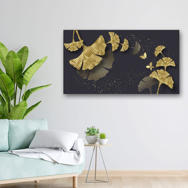 36x20 Canvas Painting - Golden Petals on Black