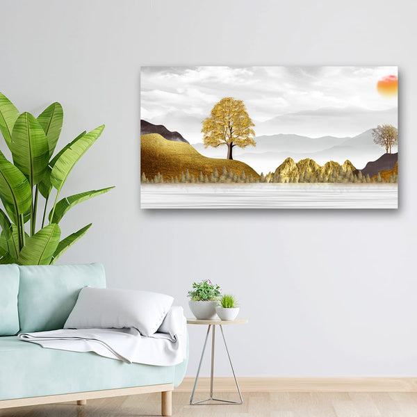 36x20 Canvas Painting - Golden Mountain Tree White Sky