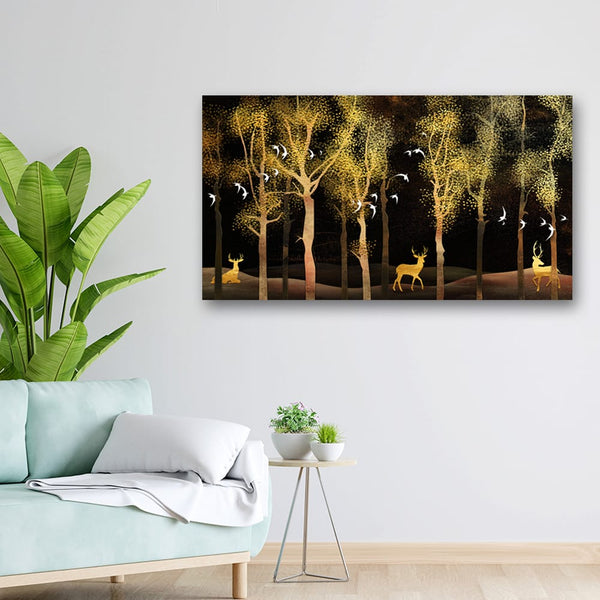 36x20 Canvas Painting - Golden Trees and Deer white Birds