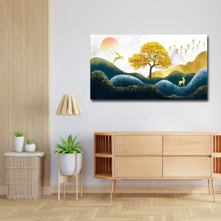 36x20 Canvas Painting - Golden Birds Flying Jumping Deer