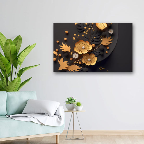 32x20 Canvas Painting - Golden Flowers Black Leaves
