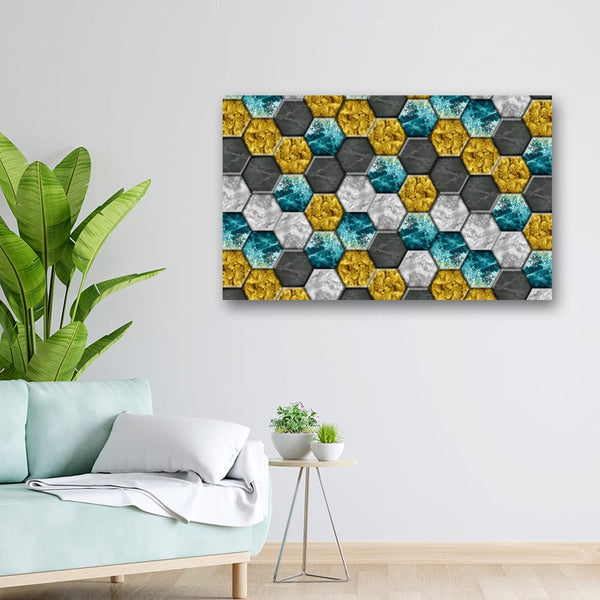 32x20 Canvas Painting - Golden Blue Grey Hexagon