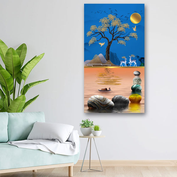20x36 Canvas Painting - Deer Stone Blue Art