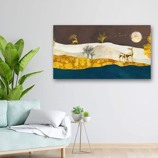 36x20 Canvas Painting - 3D Golden Deer Blue Golden Mountain