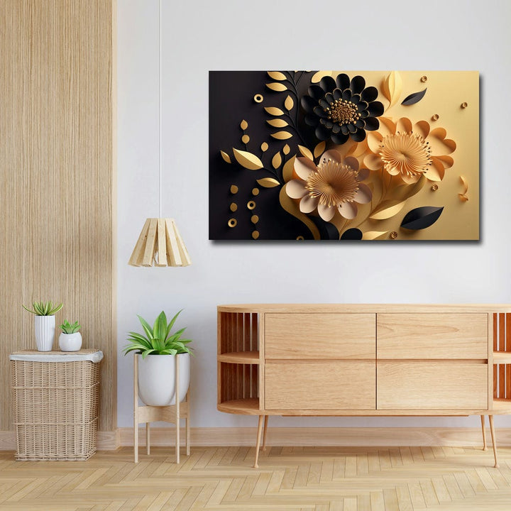 32x20 Canvas Painting - Black Golden Three Flowers