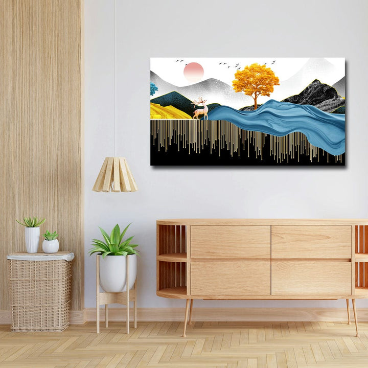 36x20 Canvas Painting - Yellow Tree Blue Wave