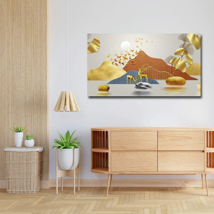 36x20 Canvas Painting - Golden 3D Deer Butterfly